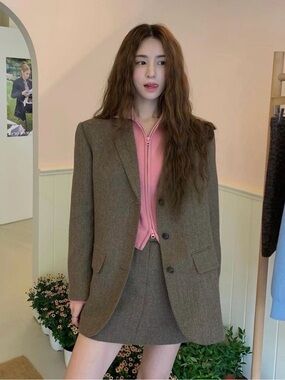 Korean brand Grove vintage herringbone tweed blazer